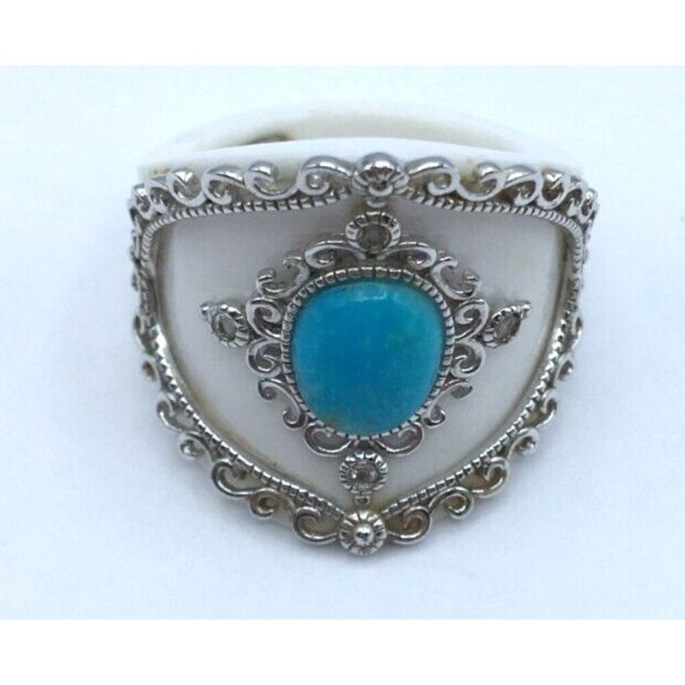 Affinity White Onyx Saddle Ring W Turquoise Stone & Sterling Silver Trim 10.5
